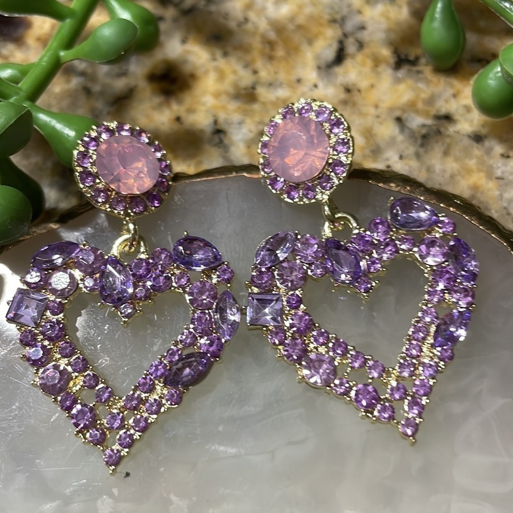 Lavender Crystal Heart Drop Statement Earrings - image 3
